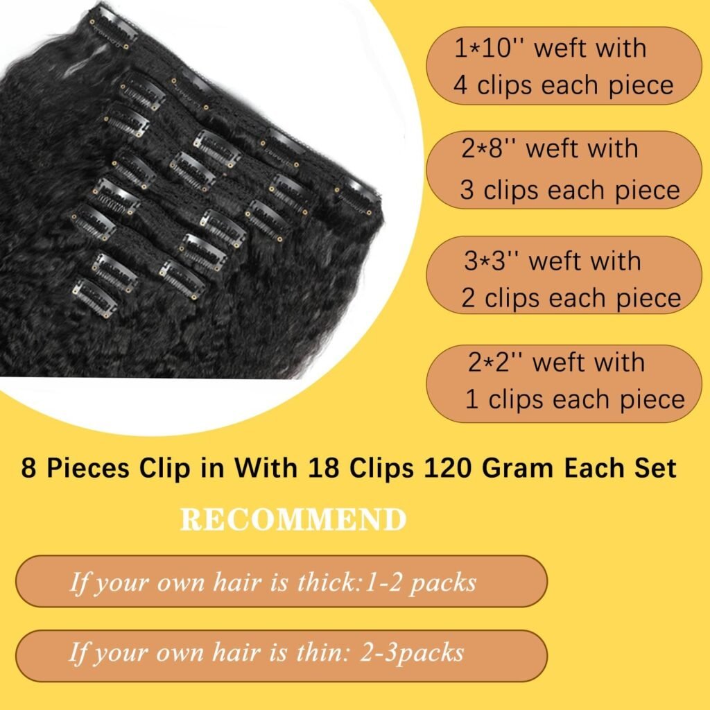 Kinky Straight Human Hair Clip in Extensions 120g Full Head Clip ins for Women 100% Unprocessed Brazilian Virgin Human Hair Yaki Straight Clip ins Remy Hair Natural Black 10 Inch