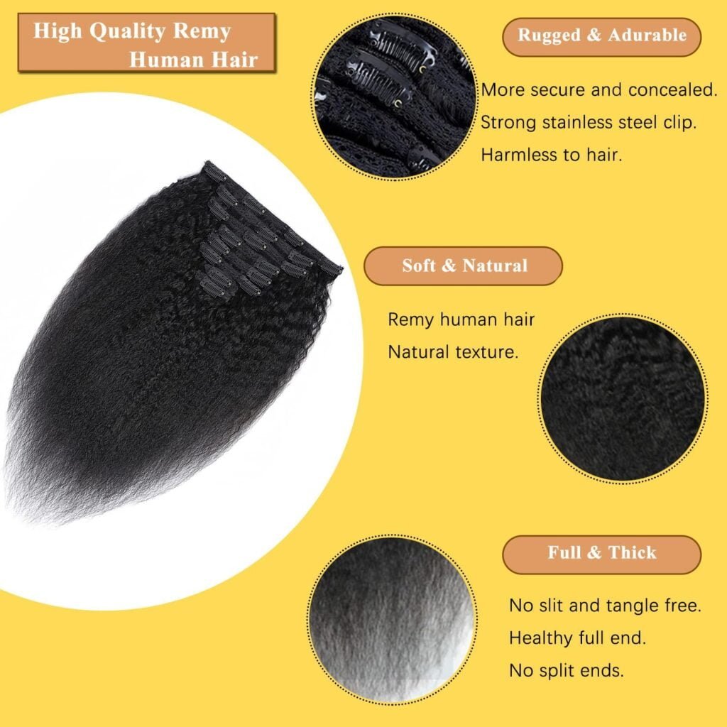 Kinky Straight Human Hair Clip in Extensions 120g Full Head Clip ins for Women 100% Unprocessed Brazilian Virgin Human Hair Yaki Straight Clip ins Remy Hair Natural Black 10 Inch