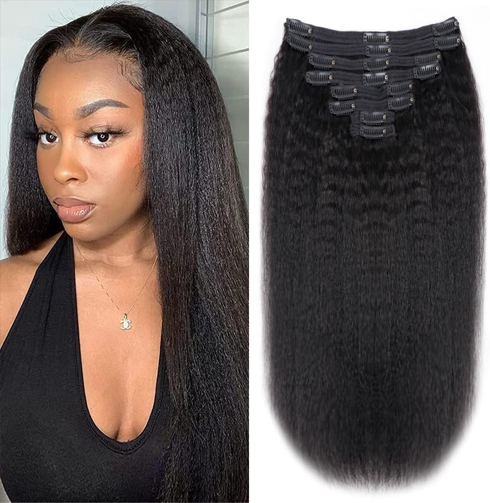 Kinky Straight Human Hair Clip in Extensions 120g Full Head Clip ins for Women 100% Unprocessed Brazilian Virgin Human Hair Yaki Straight Clip ins Remy Hair Natural Black 8Pcs 18Clips 16inch