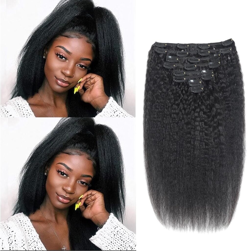 Kinky Straight Human Hair Clip in Extensions Full Head for Black Women Real Human Hair 16 inch Yali Straight Clip Ins Brazilian Remy Human Hair Natural Color 8 Pcs with 20clips 100g/Set