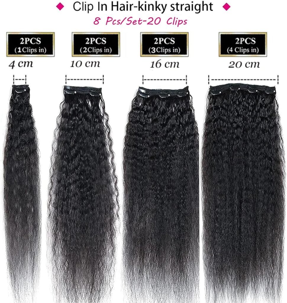 Kinky Straight Human Hair Clip in Extensions Full Head for Black Women Real Human Hair 16 inch Yali Straight Clip Ins Brazilian Remy Human Hair Natural Color 8 Pcs with 20clips 100g/Set