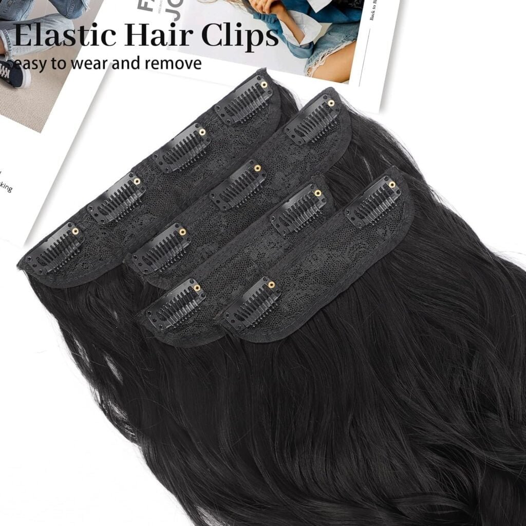 KooKaStyle Clip in Synthetic Hair Extensions Long Wavy 4PCS Thick Hairpieces Black Fiber Double Weft Natural Hair Extensions 20 Inch for Women