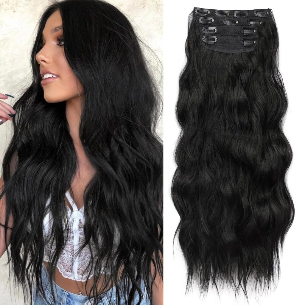 KooKaStyle Clip in Synthetic Hair Extensions Long Wavy 4PCS Thick Hairpieces Black Fiber Double Weft Natural Hair Extensions 20 Inch for Women