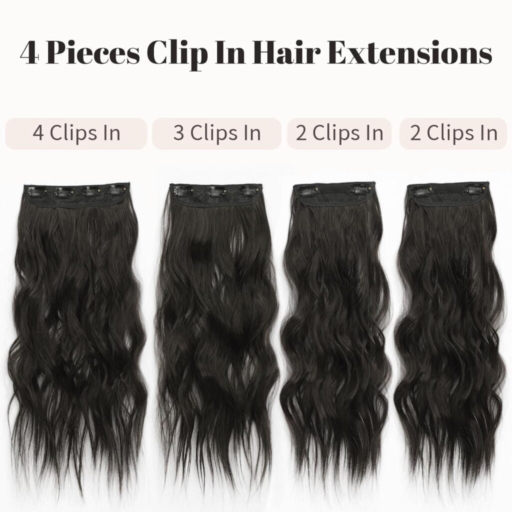 KooKaStyle Clip in Synthetic Hair Extensions Long Wavy 4PCS Thick Hairpieces Black Fiber Double Weft Natural Hair Extensions 20 Inch for Women