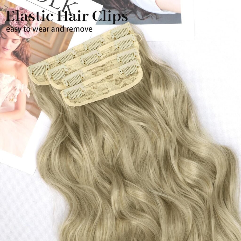 KooKaStyle Clip in Synthetic Hair Extensions Long Wavy 4PCS Thick Hairpieces Black Fiber Double Weft Natural Hair Extensions 20 Inch for Women