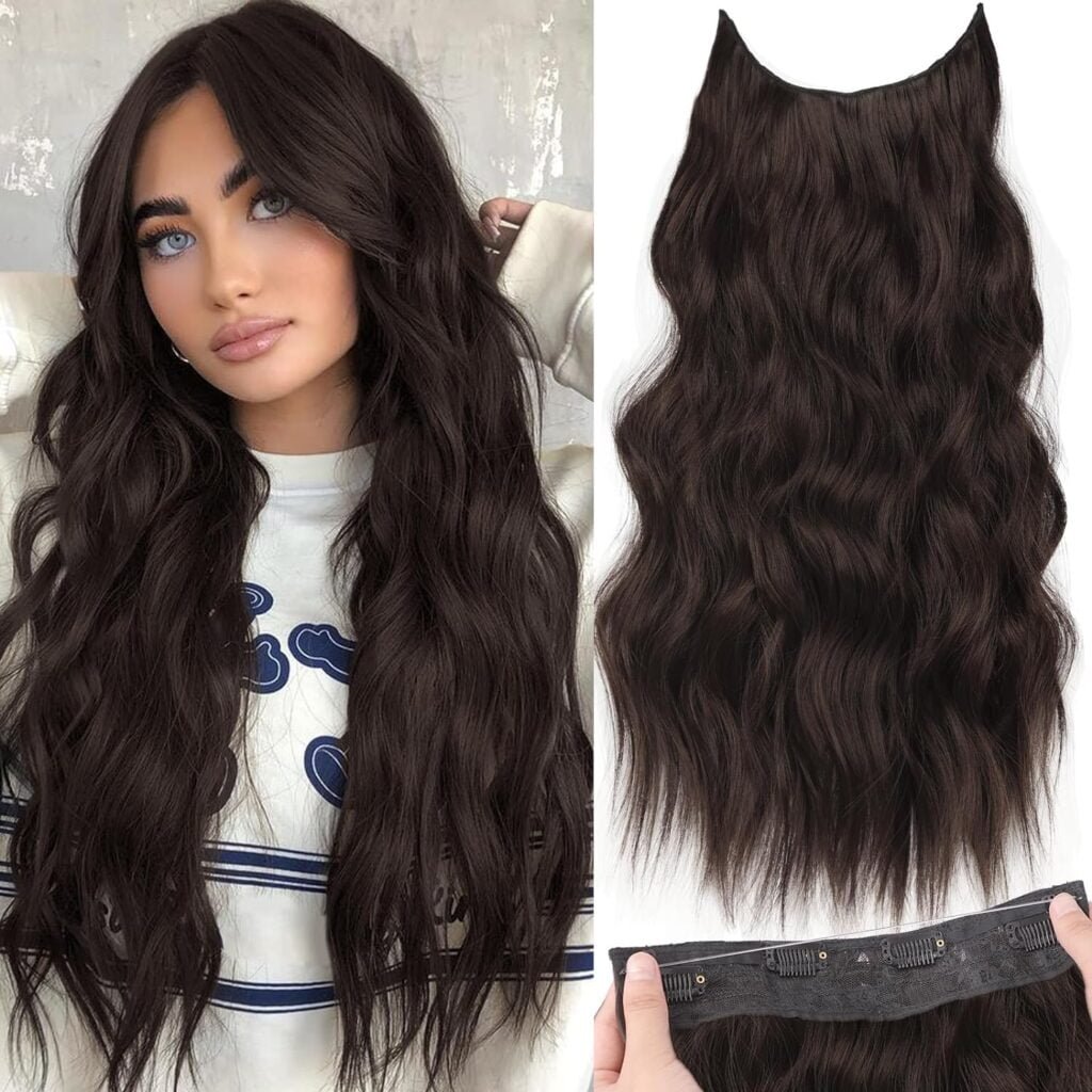 KooKaStyle Invisible Wire Hair Extensions with Transparent Headband Adjustable Size 4 Secure Clips Long Wavy Secret Wire Hairpiece 20 Inch Reddish Chocolate Brown for Women