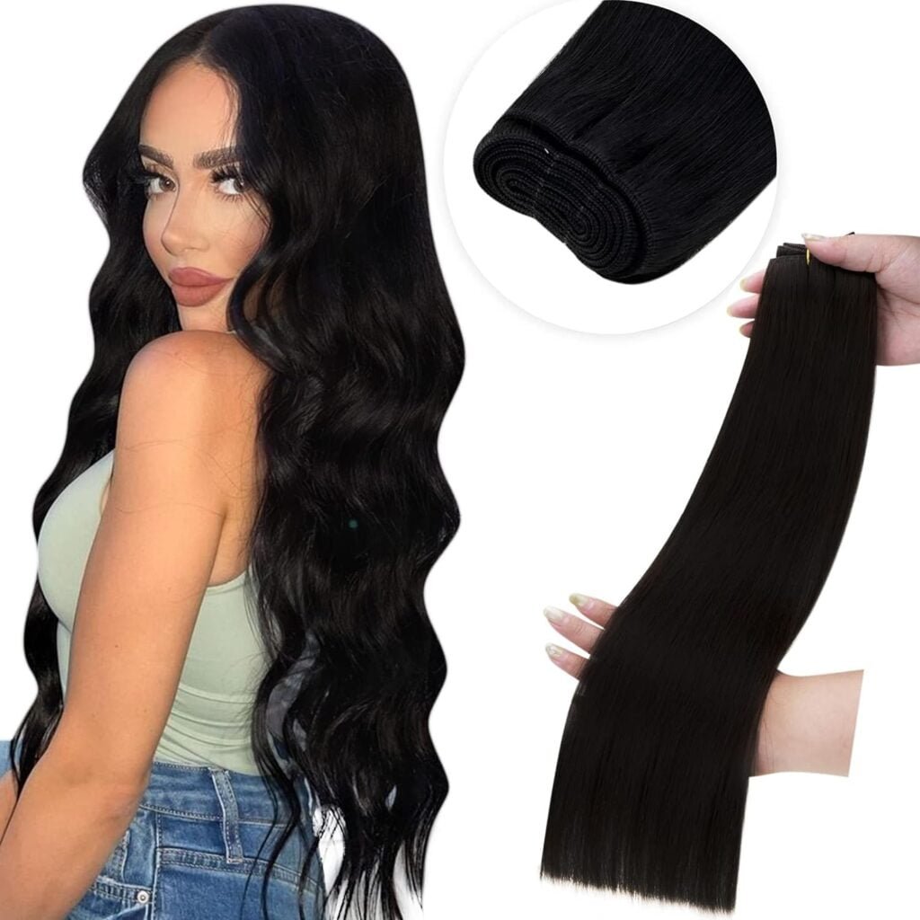 LaaVoo Hand Tied Weft Hair Extensions Human Hair Black 12inch 80g Bundle Clip in Hair Extensions Darkest Brown Human Hair 12 Inch 5pcs 80g 3/4 Full Head
