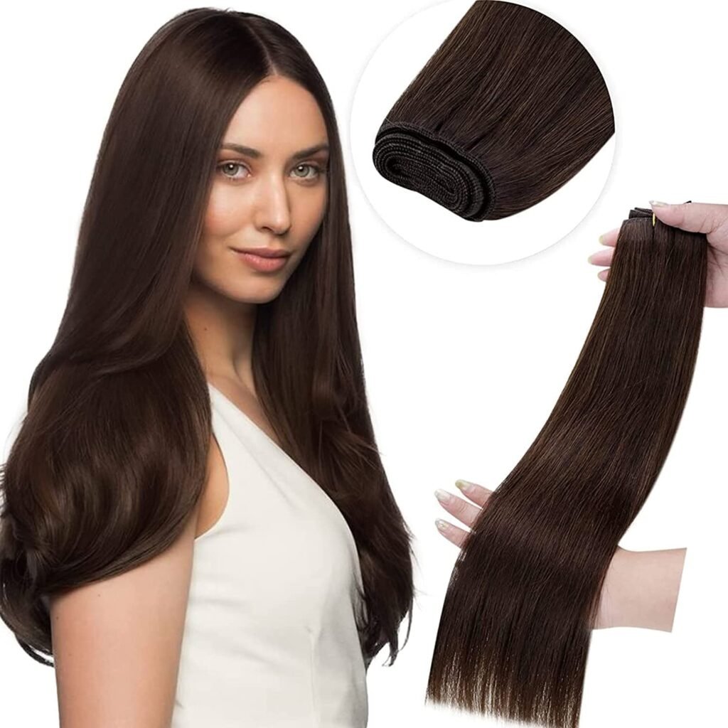 LaaVoo Sew in Hair Extensions Real Human Hair Dark Brown 14 Inch 80g Bundle Clip in Hair Extensions Real Human Hair Dark Brown Double Weft 14 Inch 5Pcs/80g