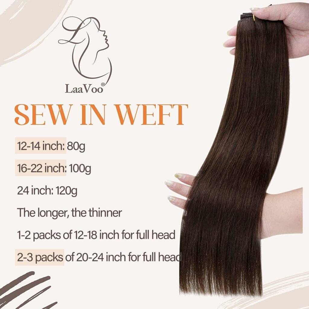 LaaVoo Sew in Hair Extensions Real Human Hair Dark Brown 14 Inch 80g Bundle Clip in Hair Extensions Real Human Hair Dark Brown Double Weft 14 Inch 5Pcs/80g