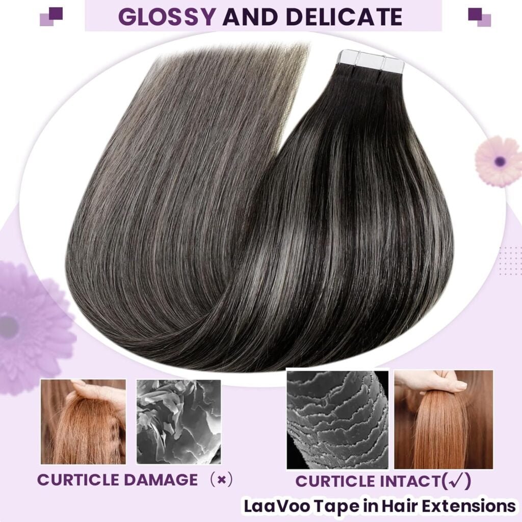 LaaVoo Tape in Hair Extensions Human Hair Ombre 20pcs/50g 18 Inch Bundle Clip in Hair Extensions Ombre Off Black to Silver Grey Real Human Hair Clip in Extensions 18 inch 5pcs/80g
