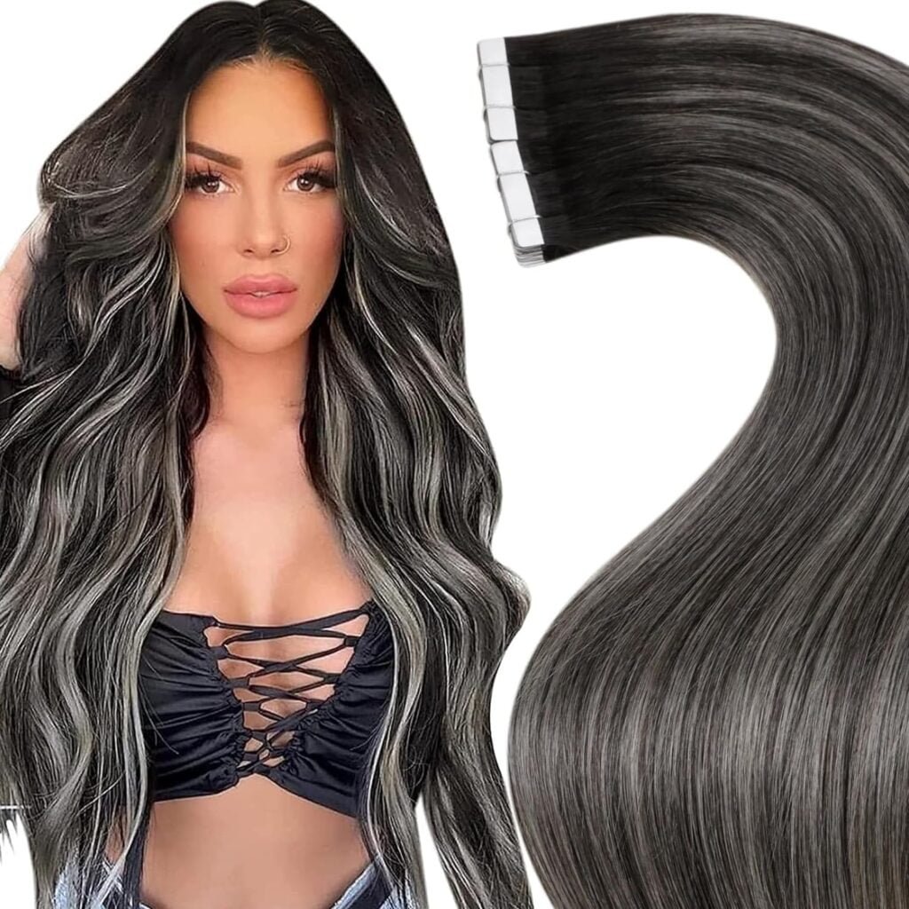 LaaVoo Tape in Hair Extensions Human Hair Ombre 20pcs/50g 18 Inch Bundle Clip in Hair Extensions Ombre Off Black to Silver Grey Real Human Hair Clip in Extensions 18 inch 5pcs/80g