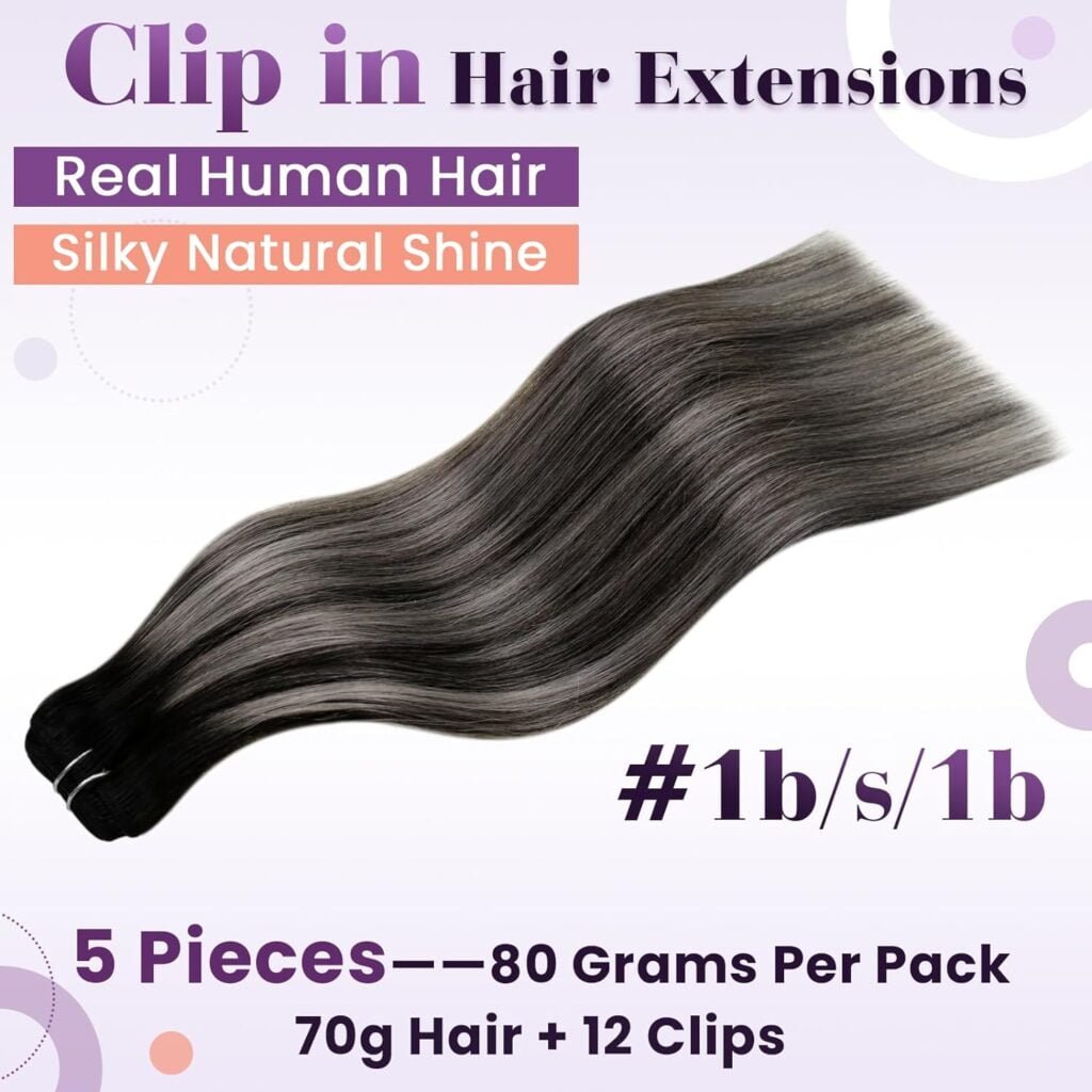 LaaVoo Tape in Hair Extensions Human Hair Ombre 20pcs/50g 18 Inch Bundle Clip in Hair Extensions Ombre Off Black to Silver Grey Real Human Hair Clip in Extensions 18 inch 5pcs/80g