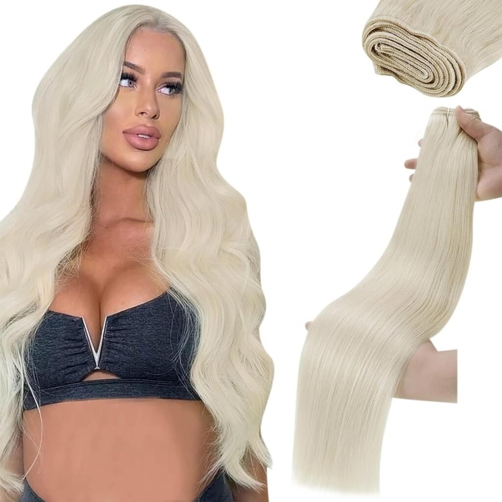 LaaVoo Weft Extensions Human Hair 12inch Platinum Blonde Sew in Extensions 80 Gram Bundle Clip in Hair Extensions Blonde Human Hair White Blonde 12 Inch 5pcs/80g