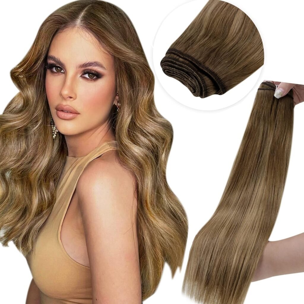 LaaVoo Weft Hair Extensions Balayage Brown Sew in Hair Extensions Real Human Hair 22inch 100g Bundle Brown Human Hair Clip in Extensions For Women Clip in 22 Inch 7pcs 120g