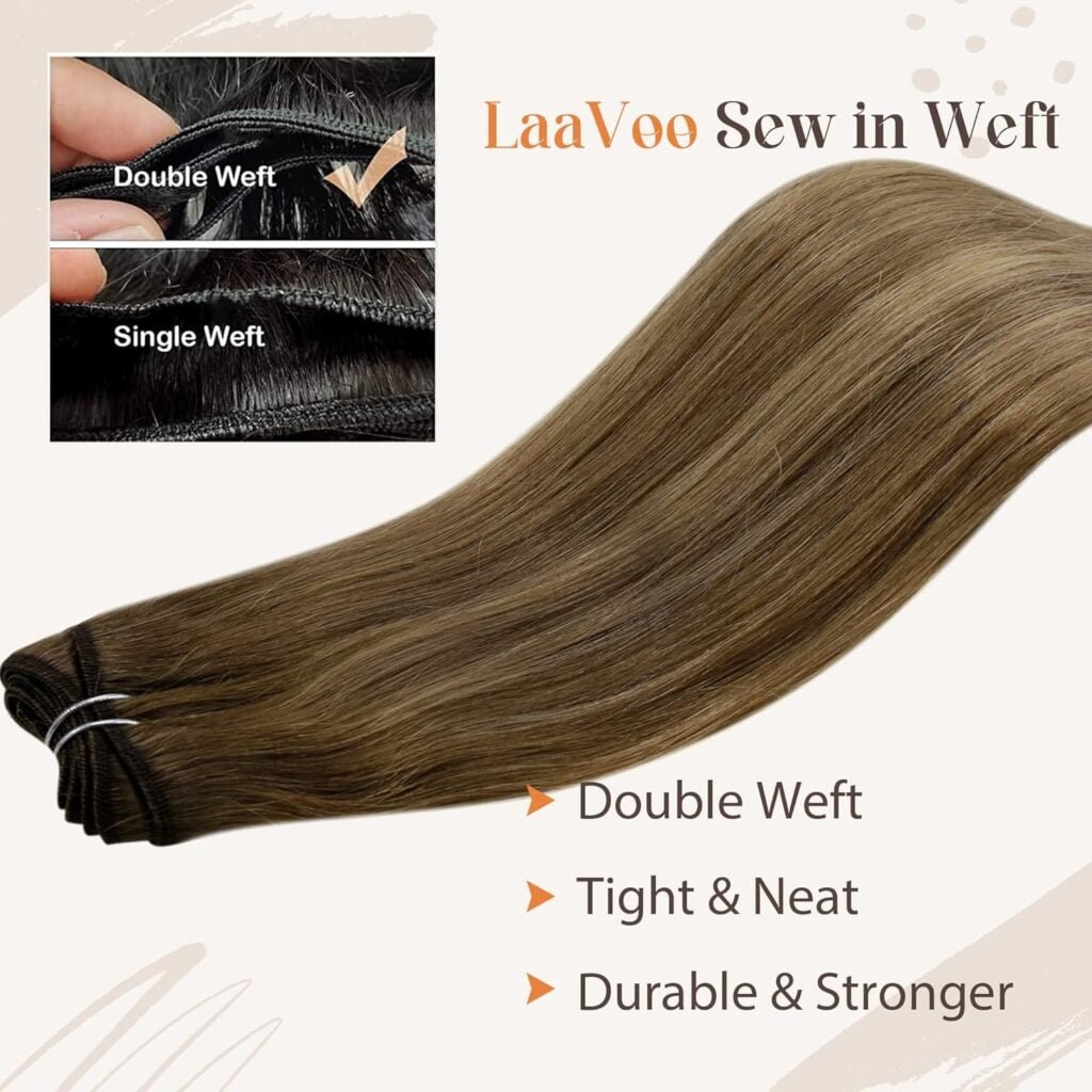 LaaVoo Weft Hair Extensions Balayage Brown Sew in Hair Extensions Real Human Hair 22inch 100g Bundle Brown Human Hair Clip in Extensions For Women Clip in 22 Inch 7pcs 120g