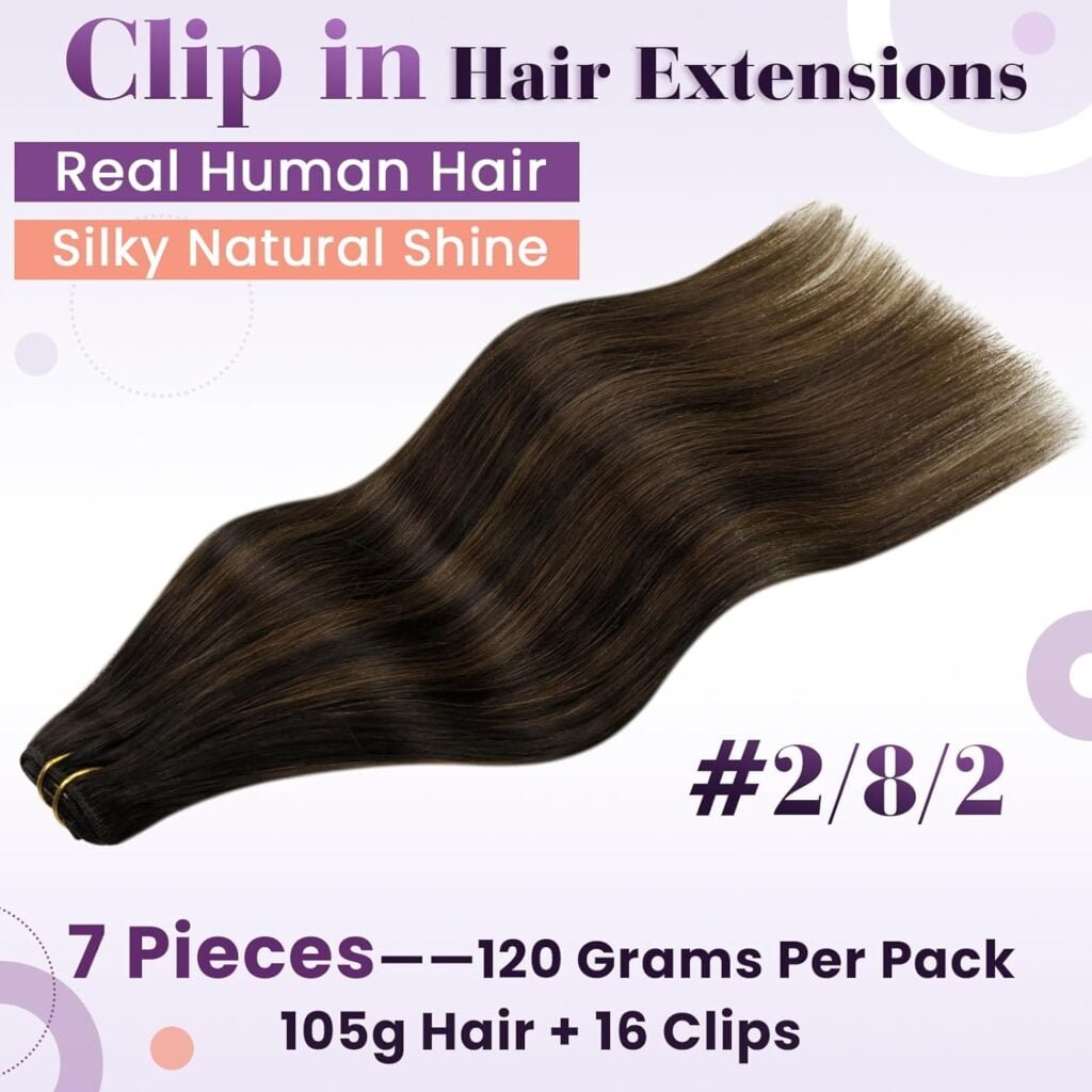 LaaVoo Weft Hair Extensions Real Human Hair Balayage Brown 22 100G Bundle Clip in Hair Extensions Balayage Brunette Dark Brown to Light Brown Human Hair Clip in Extensions 22 Inch 7pcs 120g