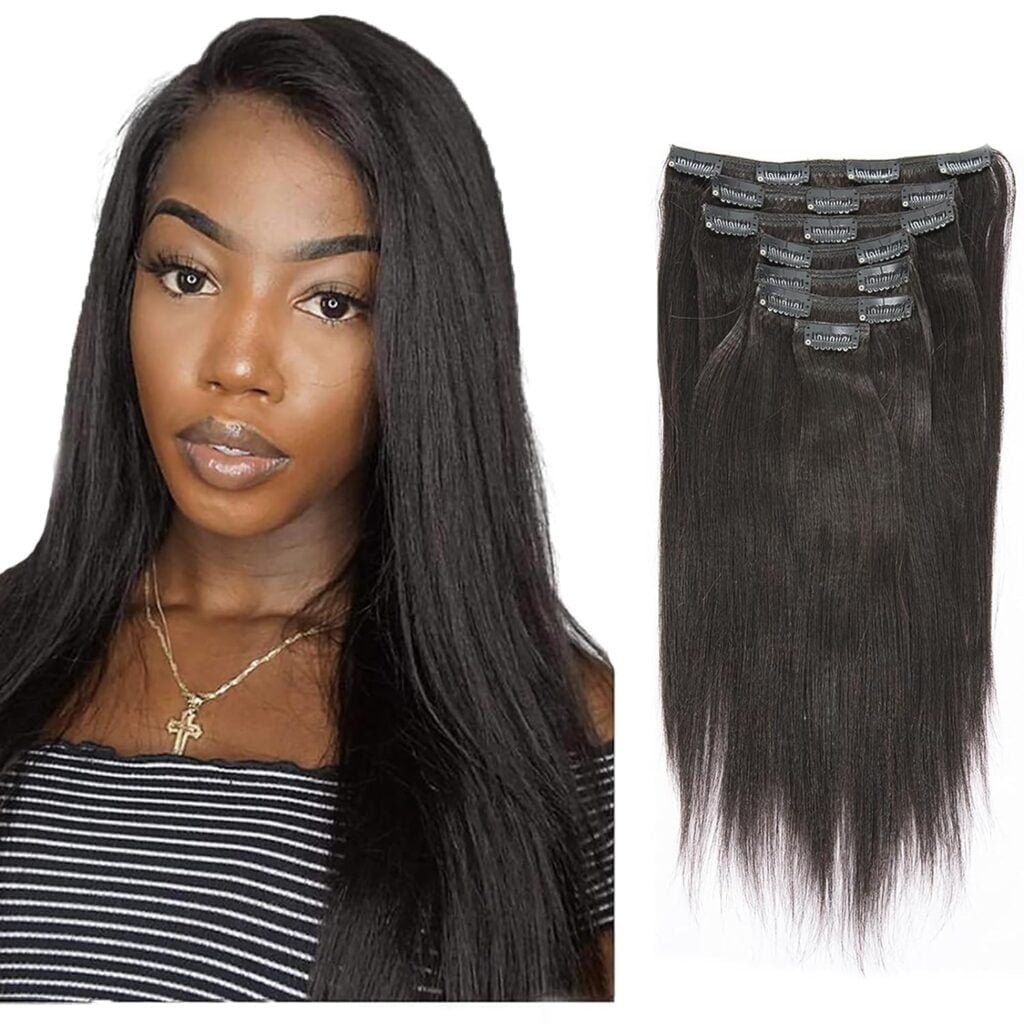 Lacer Yaki Straight Clip in Hair Extensions, Remy Human Hair Natural Black Thick Yaki Clip in Hair Extensions Human Hair for African American Woman Relaxed Hair 7 Pieces 120 Gram Per Set 18 inch