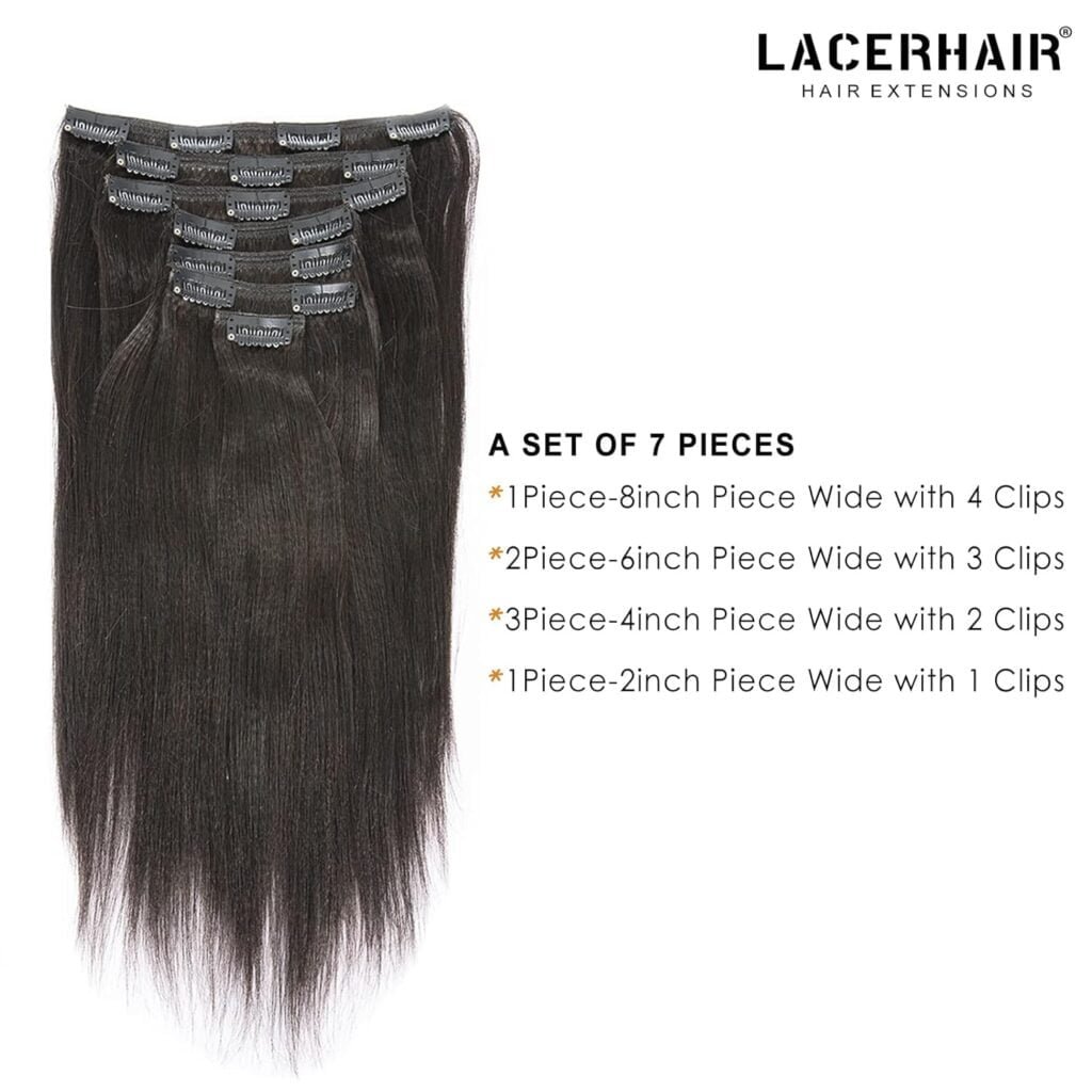 Lacer Yaki Straight Clip in Hair Extensions, Remy Human Hair Natural Black Thick Yaki Clip in Hair Extensions Human Hair for African American Woman Relaxed Hair 7 Pieces 120 Gram Per Set 18 inch