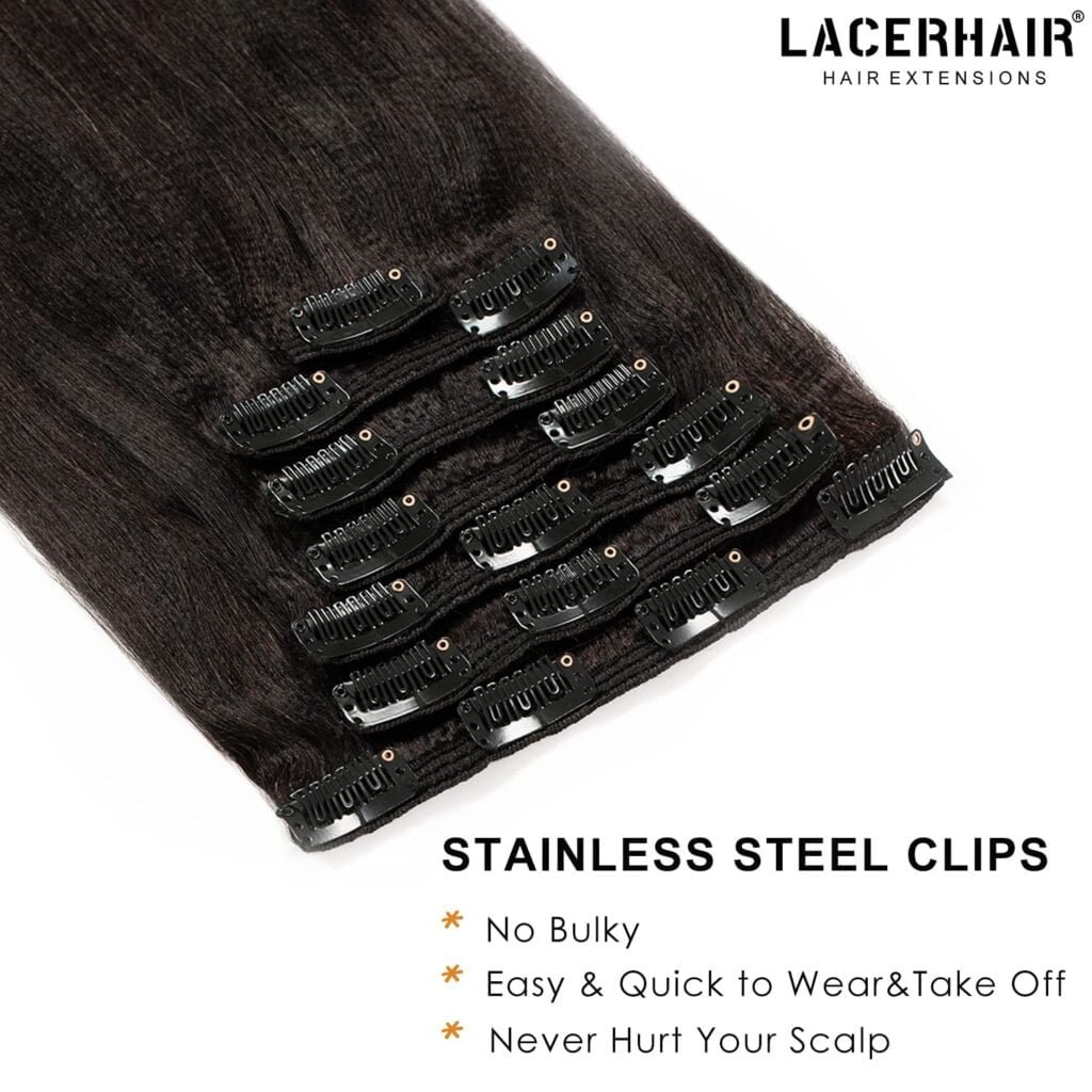 Lacer Yaki Straight Clip in Hair Extensions, Remy Human Hair Natural Black Thick Yaki Clip in Hair Extensions Human Hair for African American Woman Relaxed Hair 7 Pieces 120 Gram Per Set 18 inch
