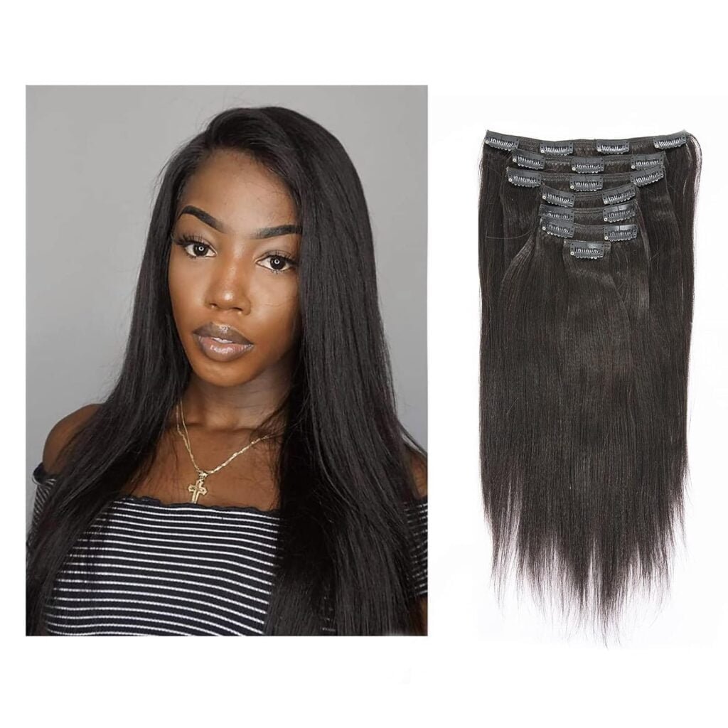 Lacer Yaki Straight Clip in Hair Extensions, Remy Human Hair Natural Black Thick Yaki Clip in Hair Extensions Human Hair for African American Woman Relaxed Hair 7 Pieces 120 Gram Per Set 18 inch