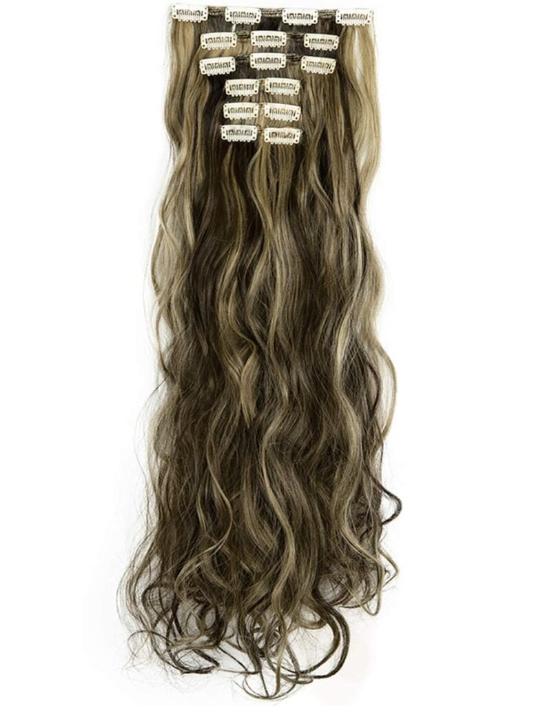 Lelinta 7Pcs 16 Clips 24 Inch Wavy Curly Full Head Clip in on Double Weft Hair Extensions, Dark Black, 24 Inch