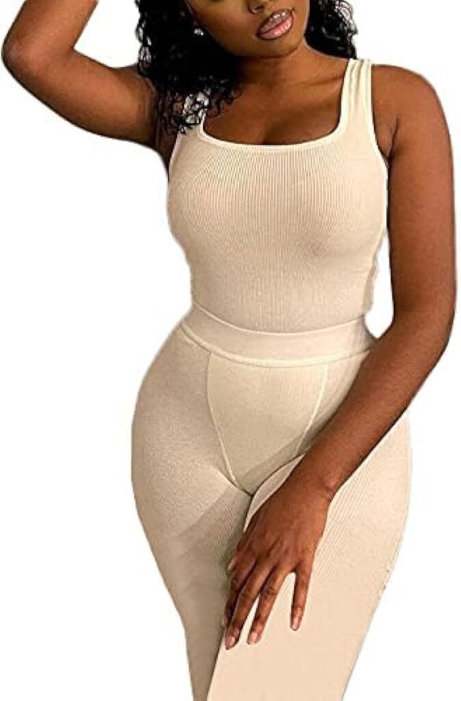 LICOBOD Casual Workout Sets 2 Piece Outfits for Women Ribbed Crop Tank Top High Waist Yoga Leggings Lounge Wear Tracksuit