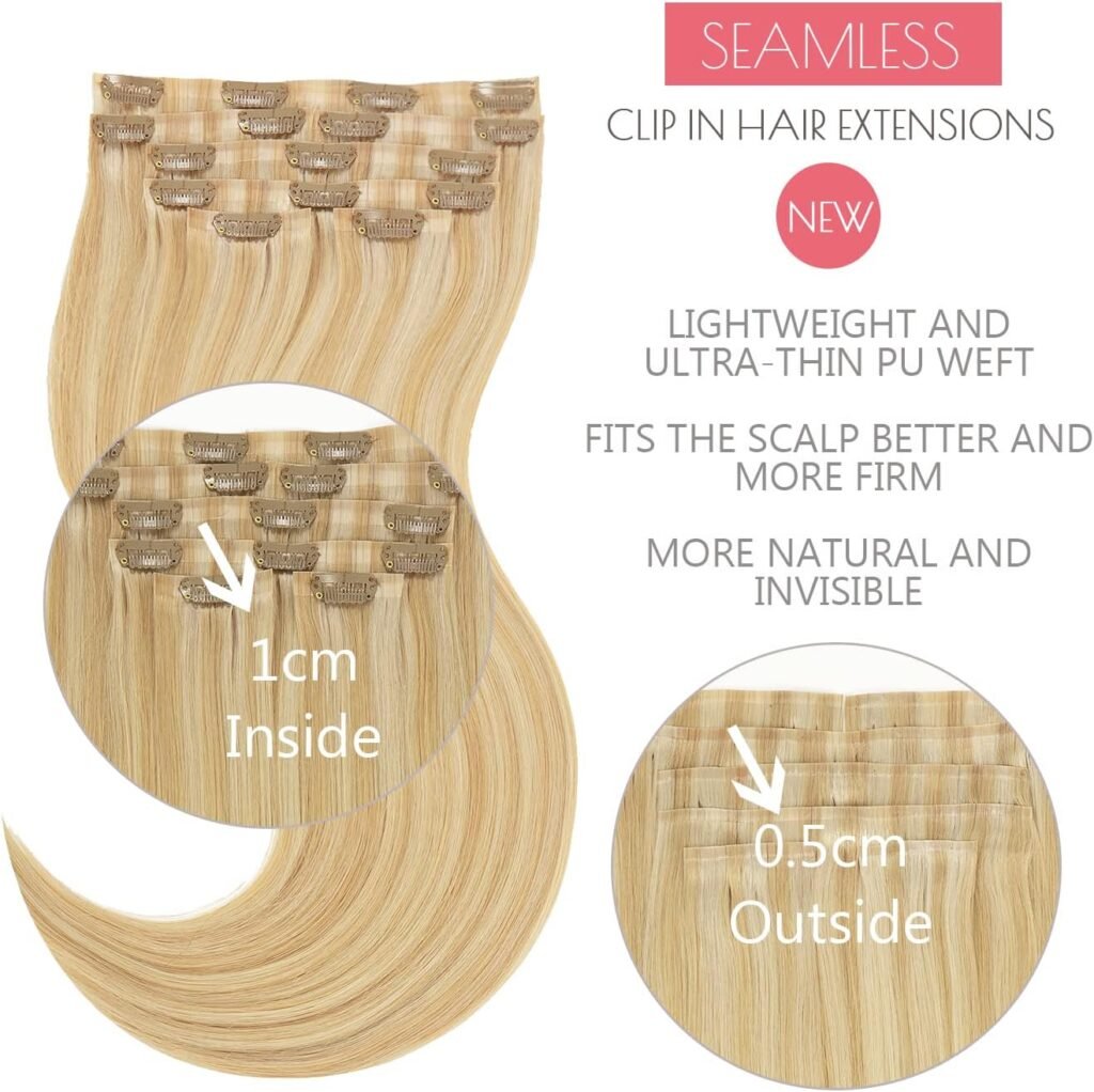 Loxxy Seamless Hair Extensions Clip in Human Hair Ultra Thin PU Weft With Clips Piano Light Golden Brown Mixed With Platinum Blonde #P 12/60A 16Inch 110Gram 7PCS Seamless Clip On Hair Extensions