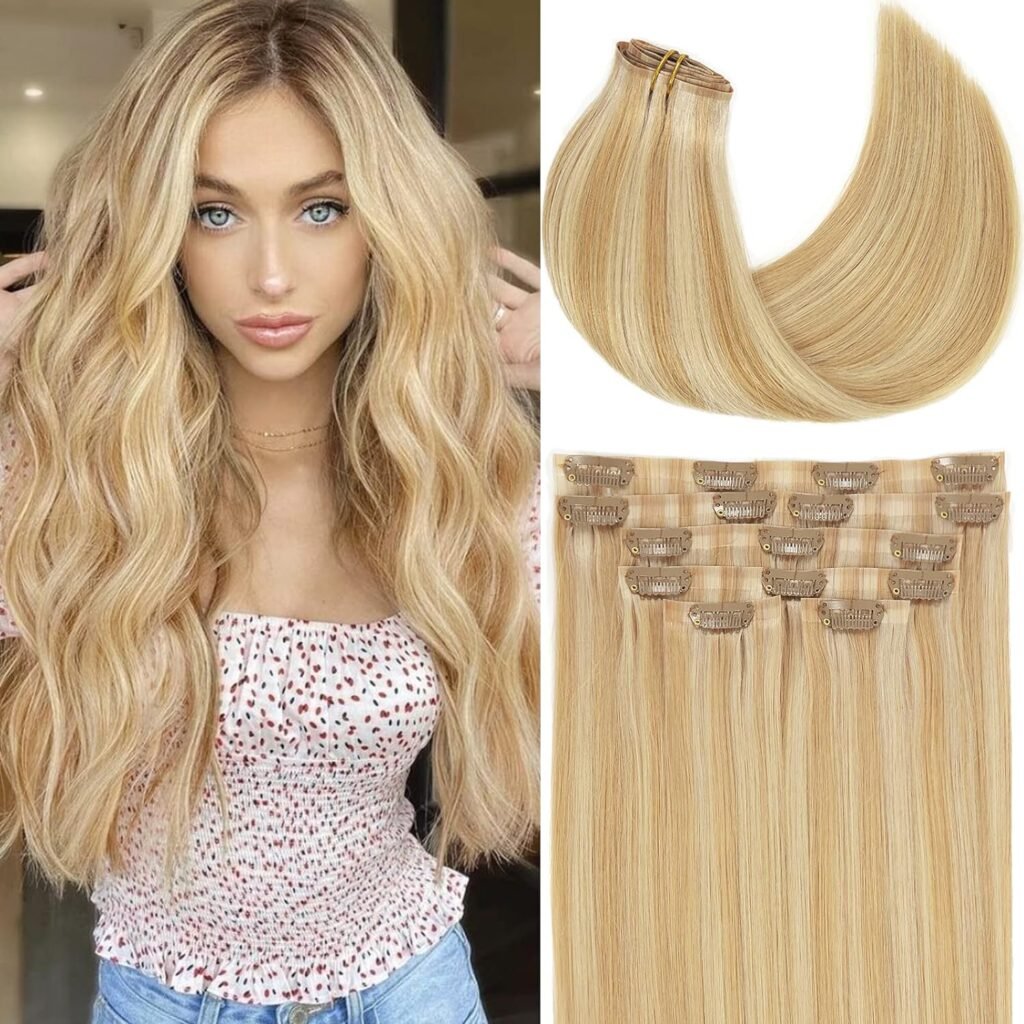 Loxxy Seamless Hair Extensions Clip in Human Hair Ultra Thin PU Weft With Clips Piano Light Golden Brown Mixed With Platinum Blonde #P 12/60A 16Inch 110Gram 7PCS Seamless Clip On Hair Extensions