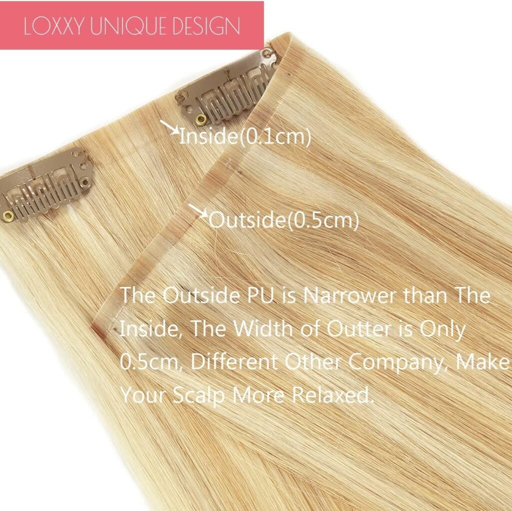 Loxxy Seamless Hair Extensions Clip in Human Hair Ultra Thin PU Weft With Clips Piano Light Golden Brown Mixed With Platinum Blonde #P 12/60A 16Inch 110Gram 7PCS Seamless Clip On Hair Extensions