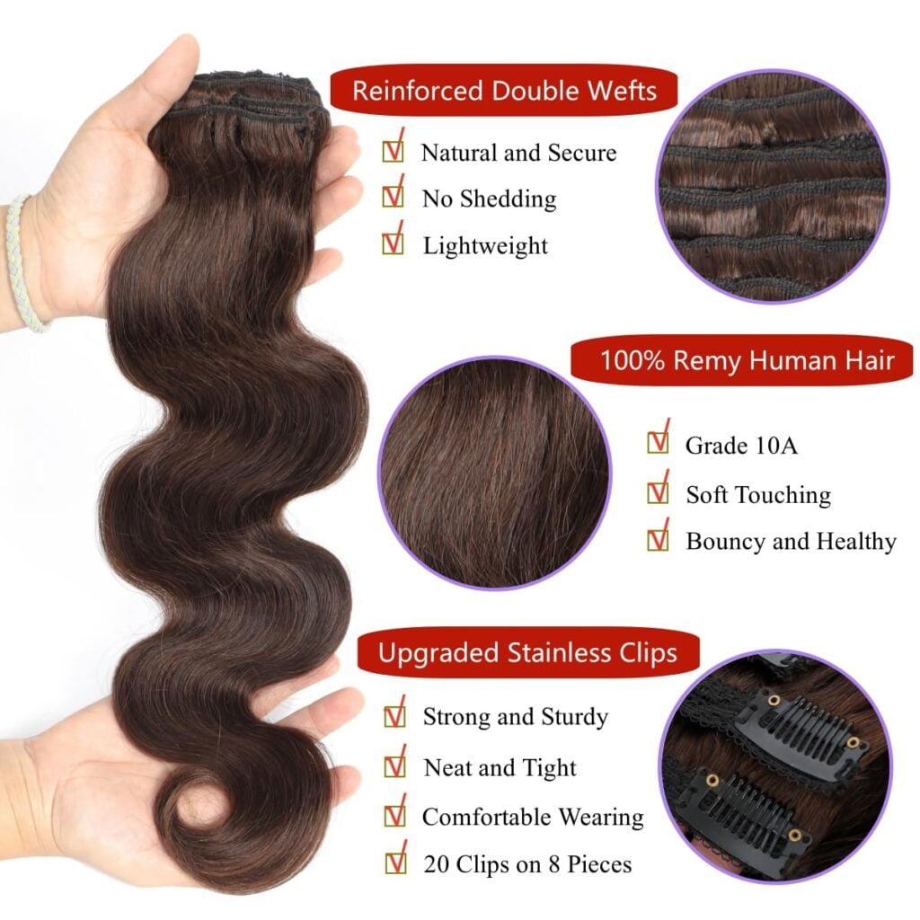 LUMIERE Clip In Hair Extensions Real Human Hair - 8Pcs With 20Clips 120G Body Wave Clip Ins Hair Extensions Unprocessed Grade 10A Brazilian Remy Hair Double Wefts Thick and Soft 10 Inch