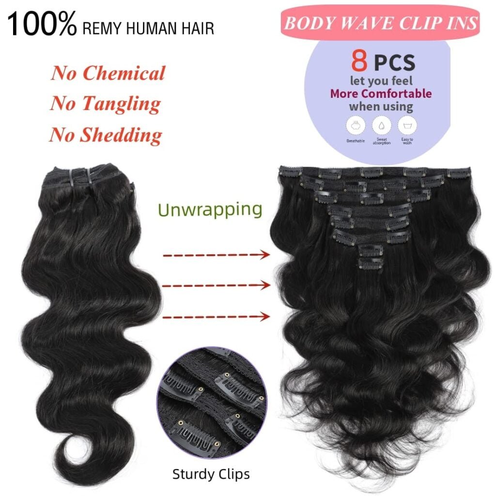 LUMIERE Clip In Hair Extensions Real Human Hair - 8Pcs With 20Clips 120G Body Wave Clip Ins Hair Extensions Unprocessed Grade 10A Brazilian Remy Hair Double Wefts Thick and Soft 10 Inch