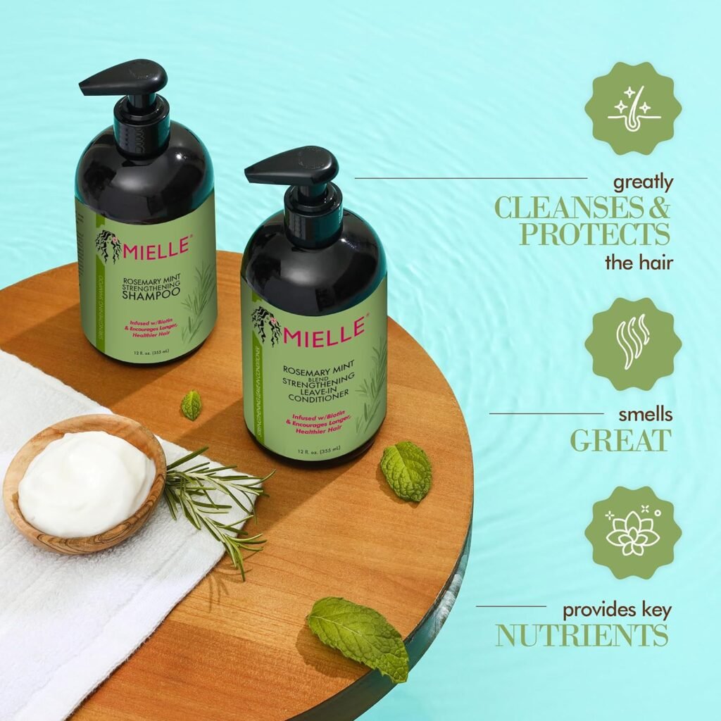 Mielle Organics Rosemary Mint Strengthening Shampoo and Conditioner Infused with Biotin, Cleanses and Helps Strengthen Weak and Brittle Hair, 12 Ounces