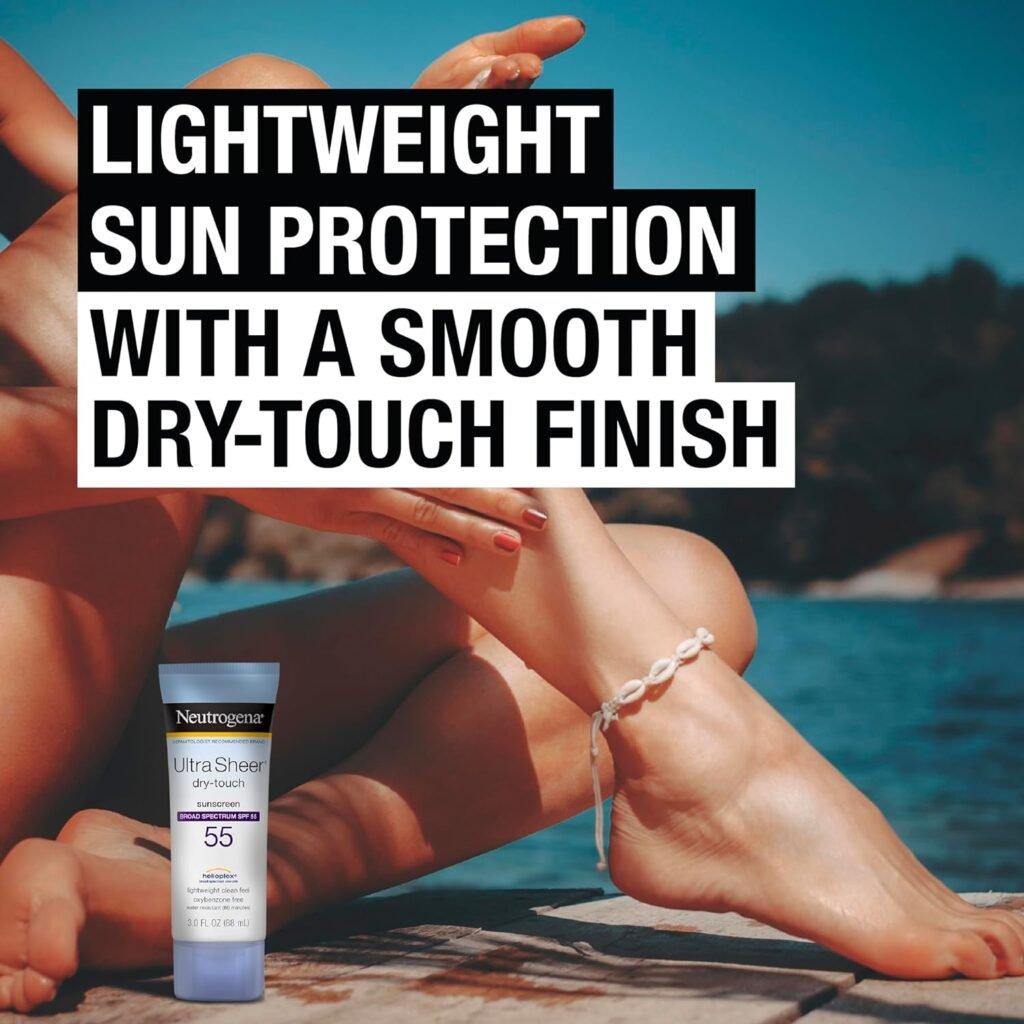 Neutrogena Ultra Sheer Dry-Touch Sunscreen Lotion, Broad Spectrum SPF 55 UVA/UVB Protection, Lightweight Water Resistant Face  Body Sunscreen, Non-Greasy, Travel Size, 3 fl. oz
