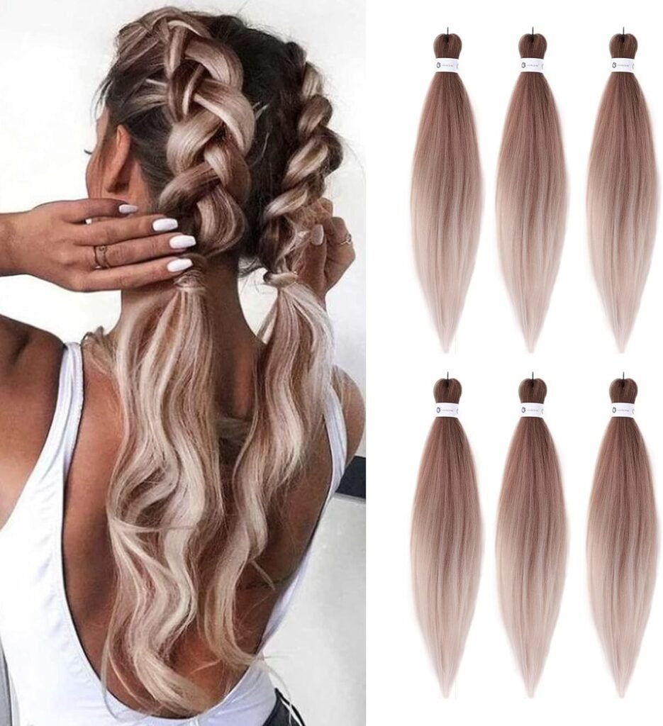 Pre-Stretched Braiding Hair Extensions 26 Inch 6 packs Ombre Braiding Hair Hot Water Setting Professional Soft Yaki Synthetic Crochet Braids（Ombre Brown）