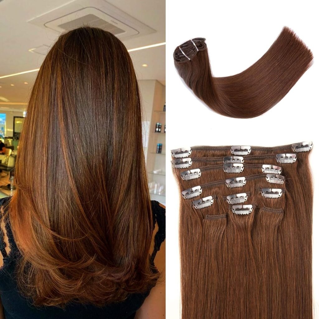 Real Human Hair Clip in Extensions, 10 pcs Straight Double Weft Extensions for Women, 14 Inch 12A 14A Grade Mixed Remy Human Hair, Invisible Design Soft Natural Hair Extensions, Dark Brown