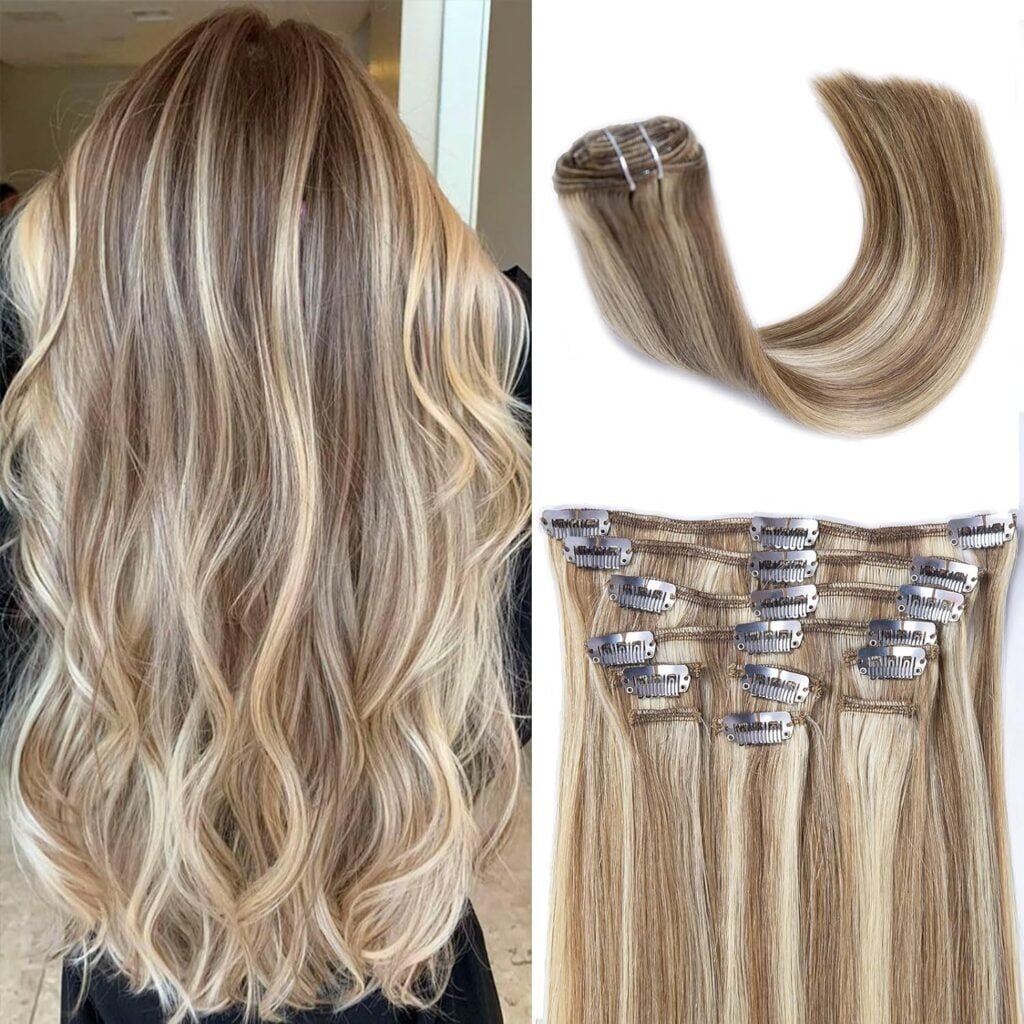 Real Human Hair Clip in Extensions, 10 pcs Straight Double Weft Extensions for Women, 14 Inch 12A 14A Grade Mixed Remy Human Hair, Invisible Design Soft Natural Hair Extensions, Dark Brown
