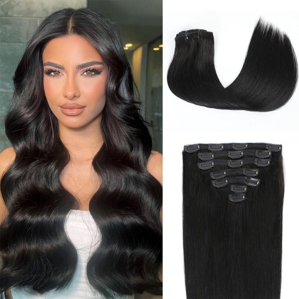 Real Human Hair Clip in Extensions 100g 7PCS Brazilian Virgin Straight Hair Extensions Clip in Human Hair with 16 Clips #1B Color Clip in Hair Extensions (18 Inch)