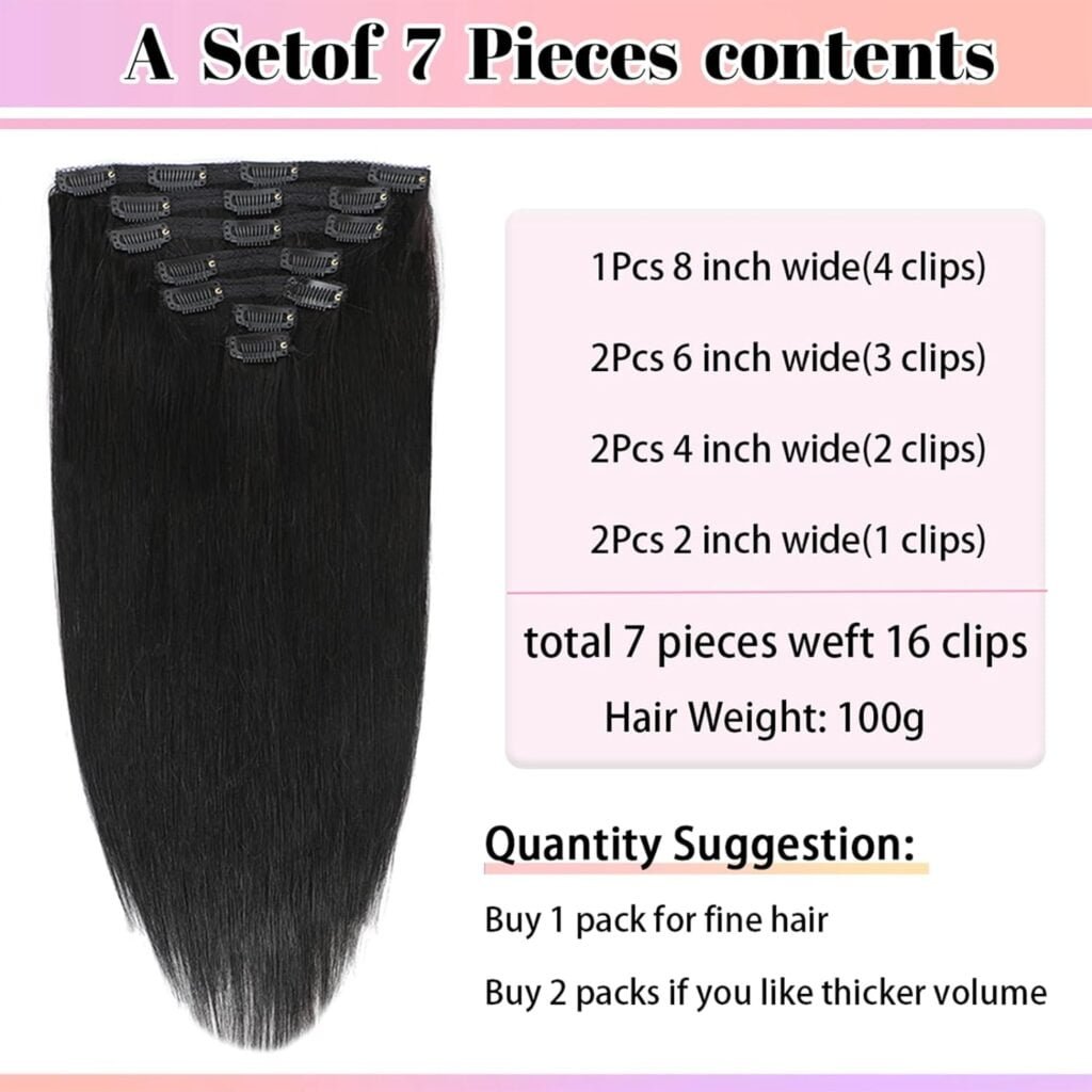 Real Human Hair Clip in Extensions 100g 7PCS Brazilian Virgin Straight Hair Extensions Clip in Human Hair with 16 Clips #1B Color Clip in Hair Extensions (18 Inch)