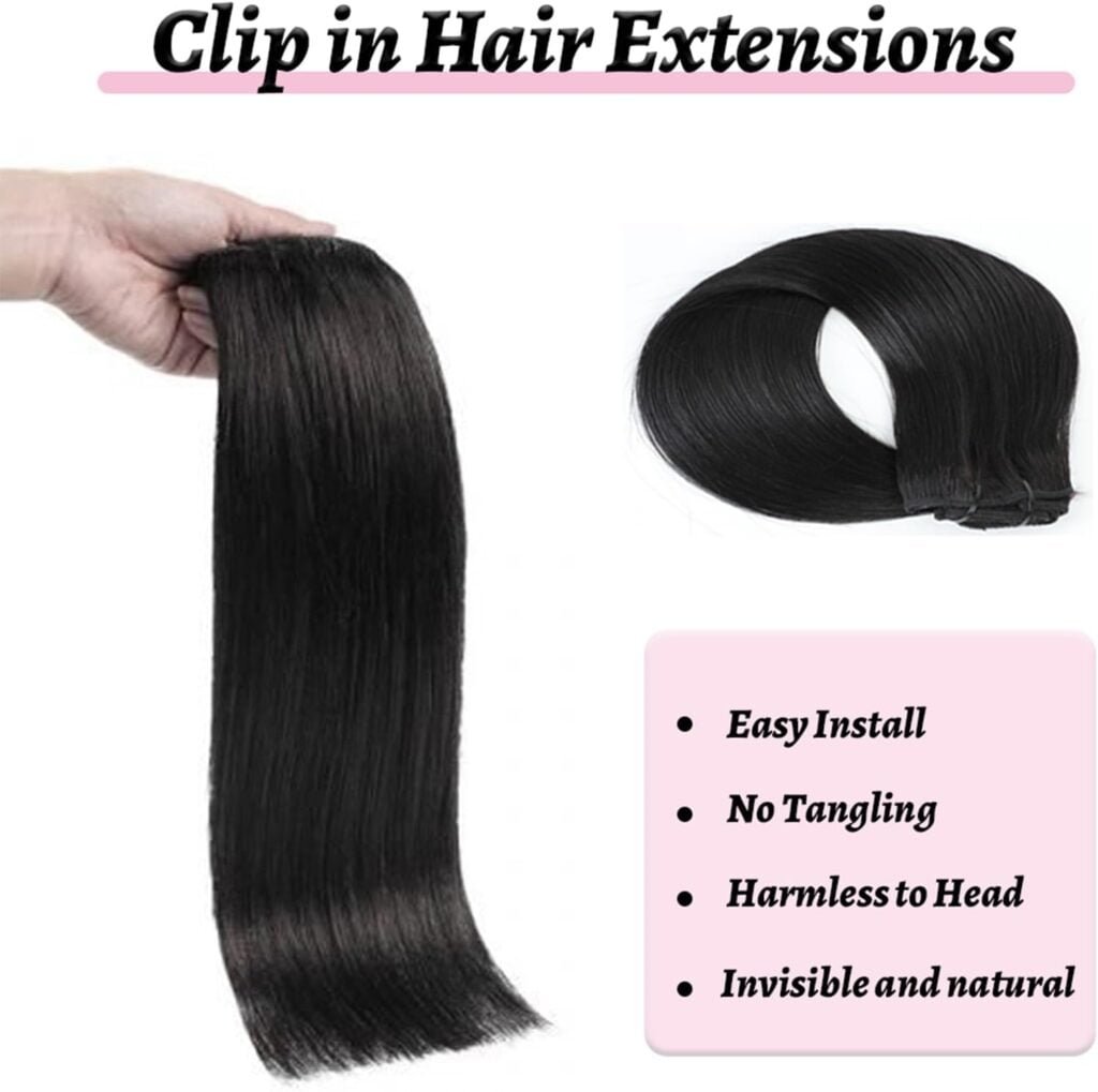 Real Human Hair Clip in Extensions 100g 7PCS Brazilian Virgin Straight Hair Extensions Clip in Human Hair with 16 Clips #1B Color Clip in Hair Extensions (18 Inch)