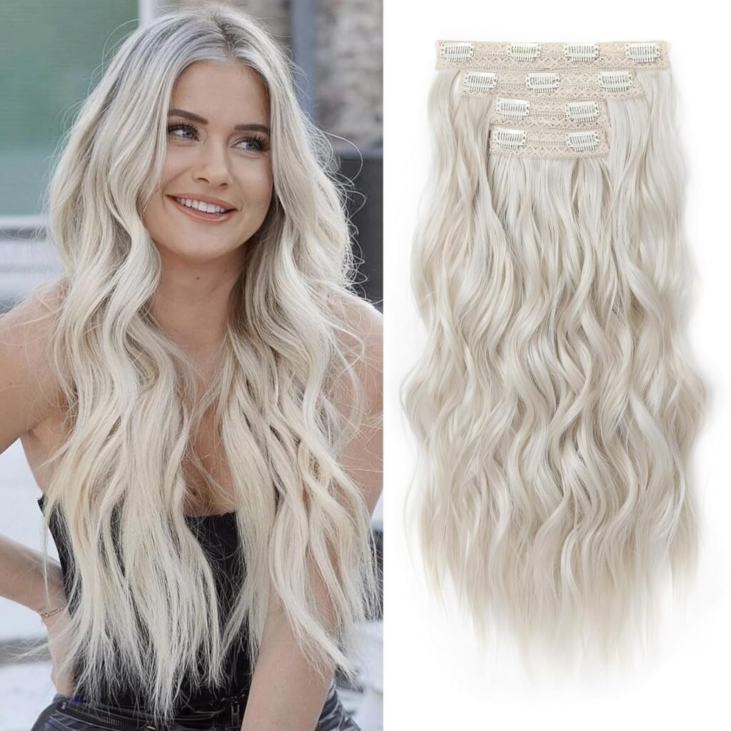 REECHO Clip in Hair Extensions, 4PCS Blonde Hair Extensions 24 Thick Long Beach Waves hair extensions HE003 Invisible Lace Weft Natural Soft Hairpieces for Women – Platinum Blonde