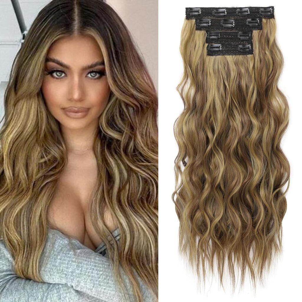 REECHO Clip in Hair Extensions, 4PCS Blonde Hair Extensions 24 Thick Long Beach Waves hair extensions HE003 Invisible Lace Weft Natural Soft Hairpieces for Women – Platinum Blonde