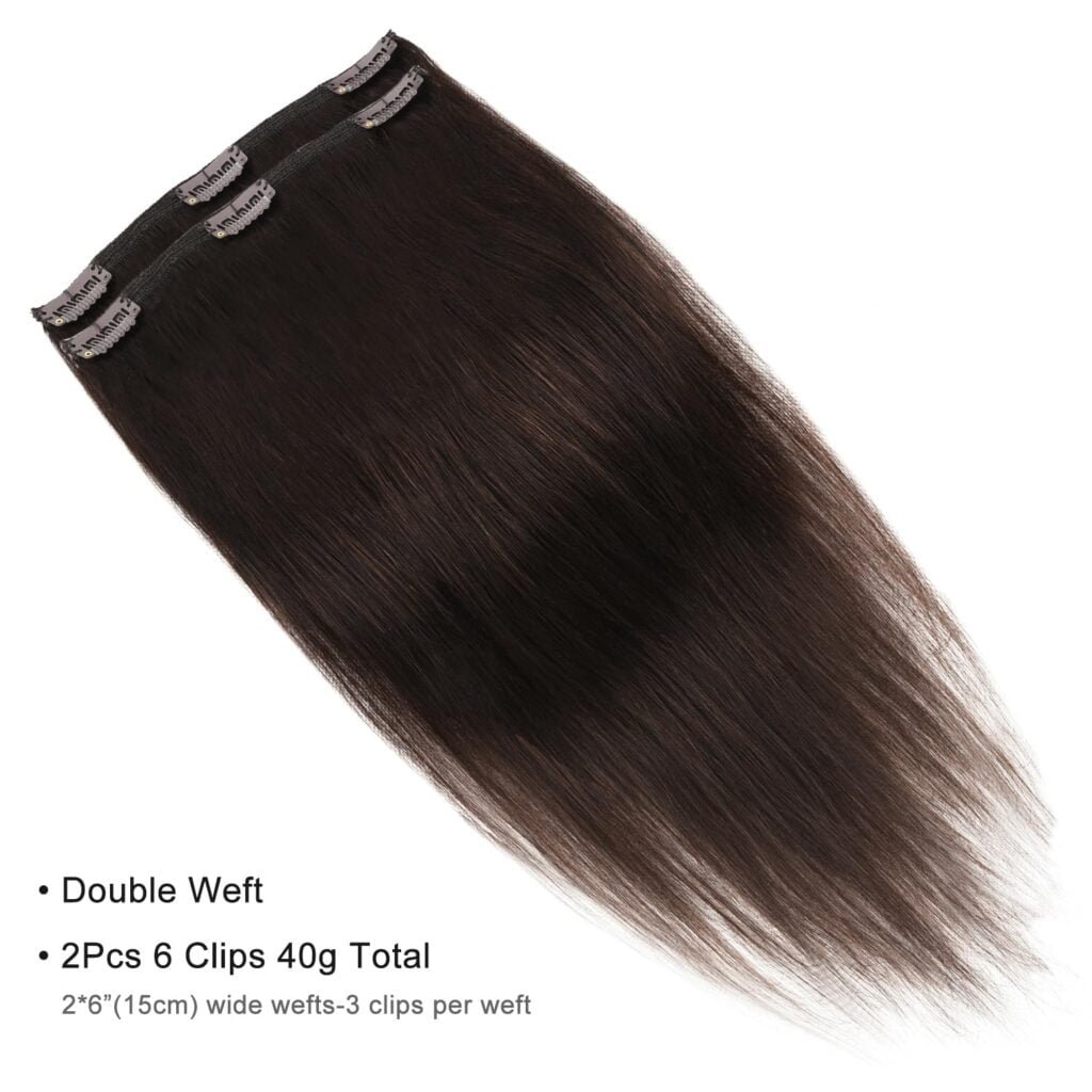Rose bud Clip in Hair Extensions Real Human Hair 2Pcs 6Clips 14Inch 40g Natural Hair Extensions Human Hair Dark Brown