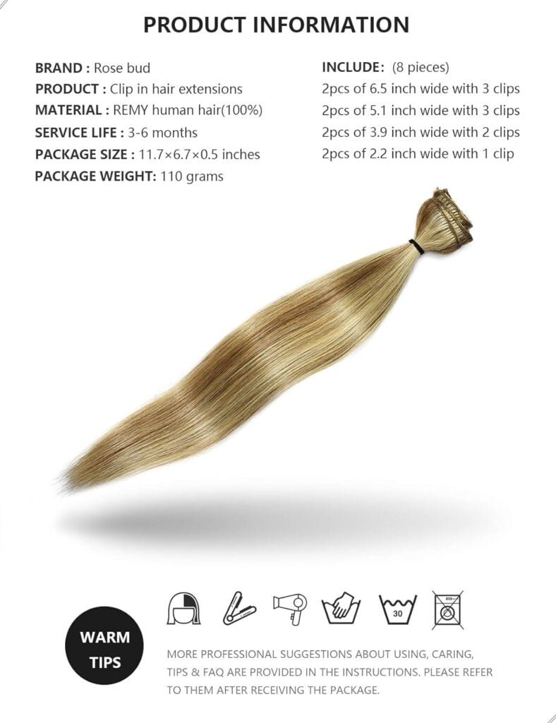 ROSEBUD Clip in Hair Extensions REMY Human Hair 8Pcs 18 Clips 60g/Set 10 Inch