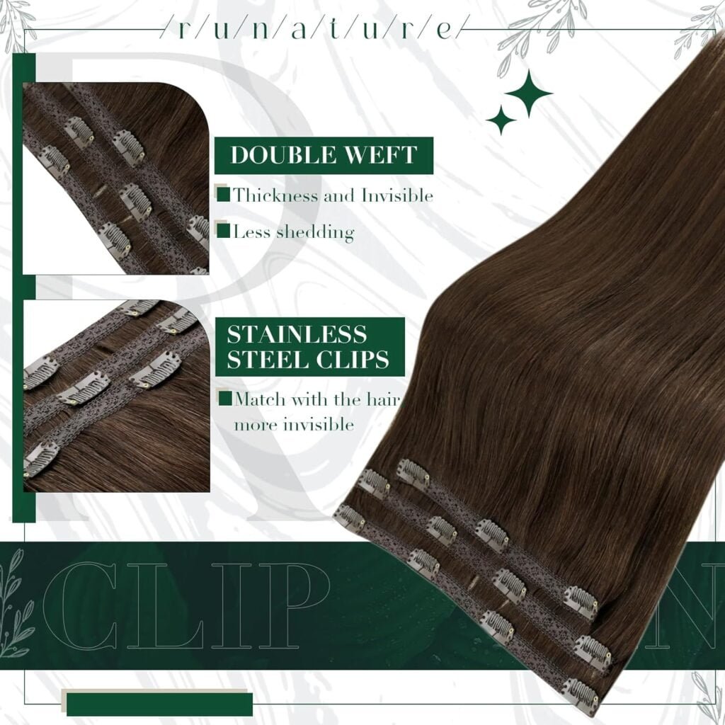 RUNATURE Human Hair Clip in Extensions Dark Medium Brown Hair Extensions Clip Ins Human Hair Double Weft Lace Clip in Hair Extensions Brown Human Hair 20 Inch 50g 3Pcs