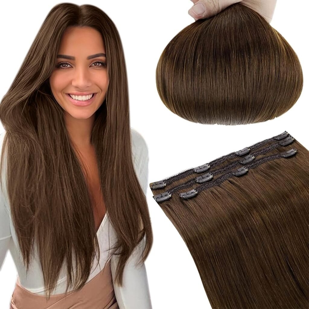 RUNATURE Human Hair Clip in Extensions Dark Medium Brown Hair Extensions Clip Ins Human Hair Double Weft Lace Clip in Hair Extensions Brown Human Hair 20 Inch 50g 3Pcs