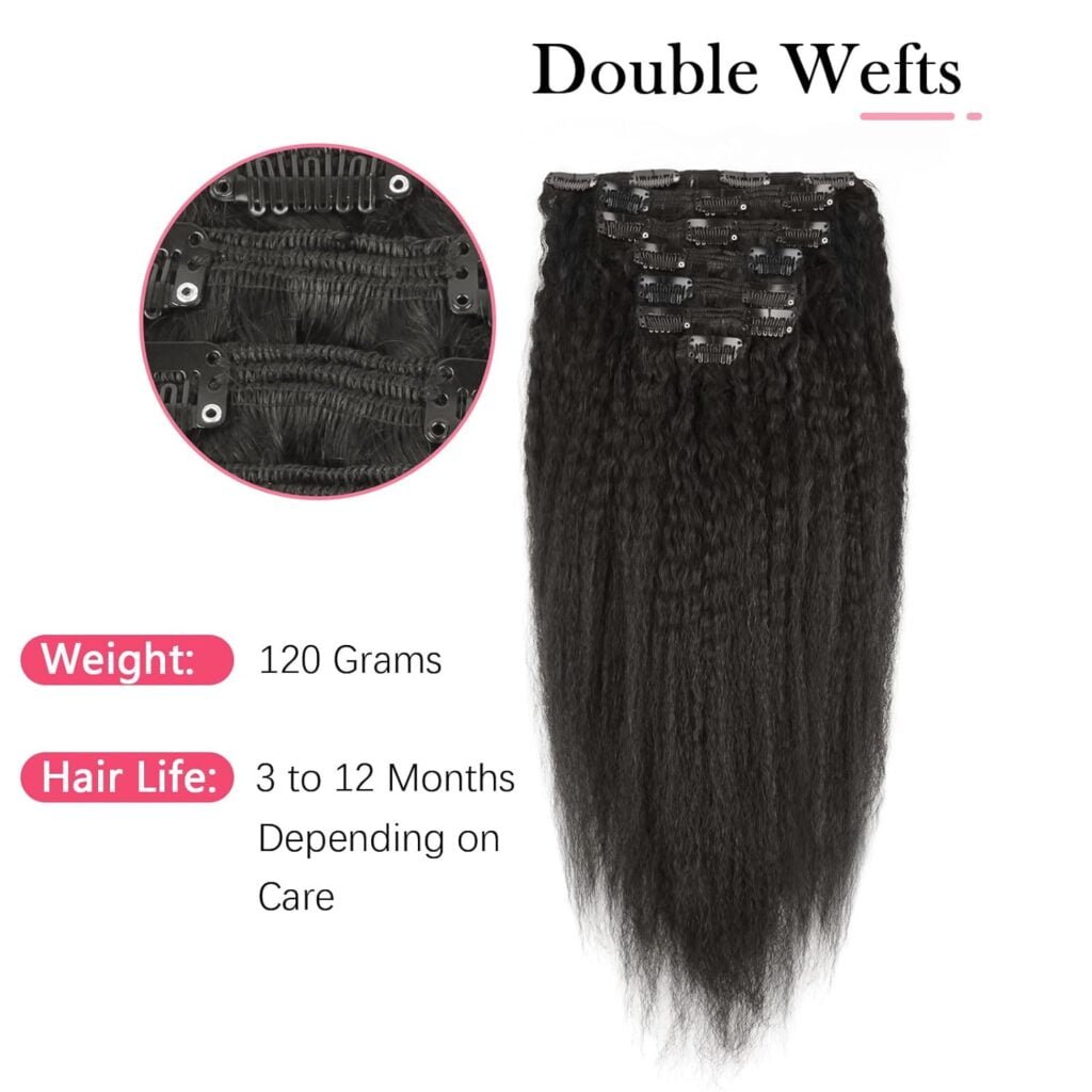 Sassina 10A Real Remy Thick Yaki Straight Clip in Virgin Human Hair Extension Natural Black Double Wefts for African American Black Women 7 Pieces 120g with 17 Clips, YS 18 Inch