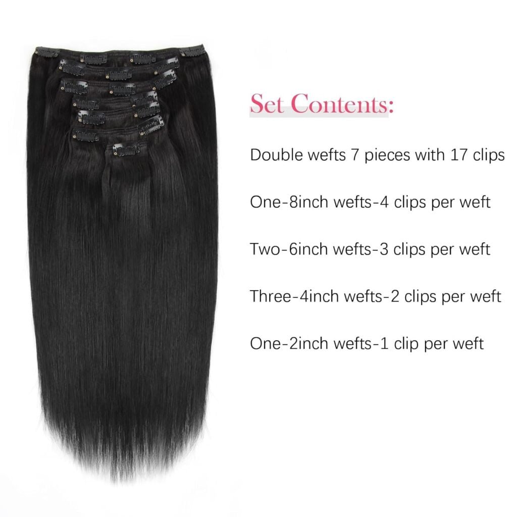 Sassina 10A Real Remy Thick Yaki Straight Clip in Virgin Human Hair Extension Natural Black Double Wefts for African American Black Women 7 Pieces 120g with 17 Clips, YS 18 Inch