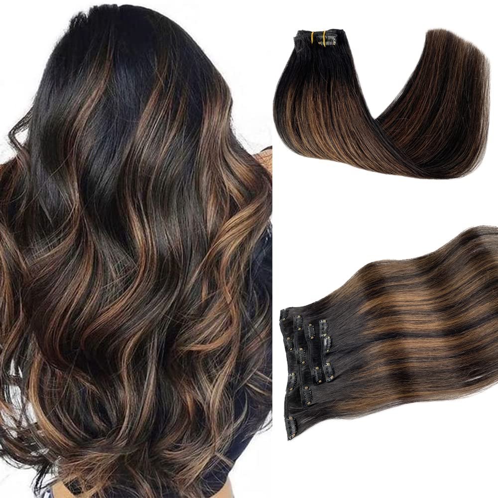 Seamless Clip in Hair Extensions, Ombre Natural Black to Chestnut Brown Hair Extensions Clip in Human Hair Invisible PU Skin Weft Soft Natural Remy Human Hair Extensions Clip ins 70g 5pcs 12 Inch