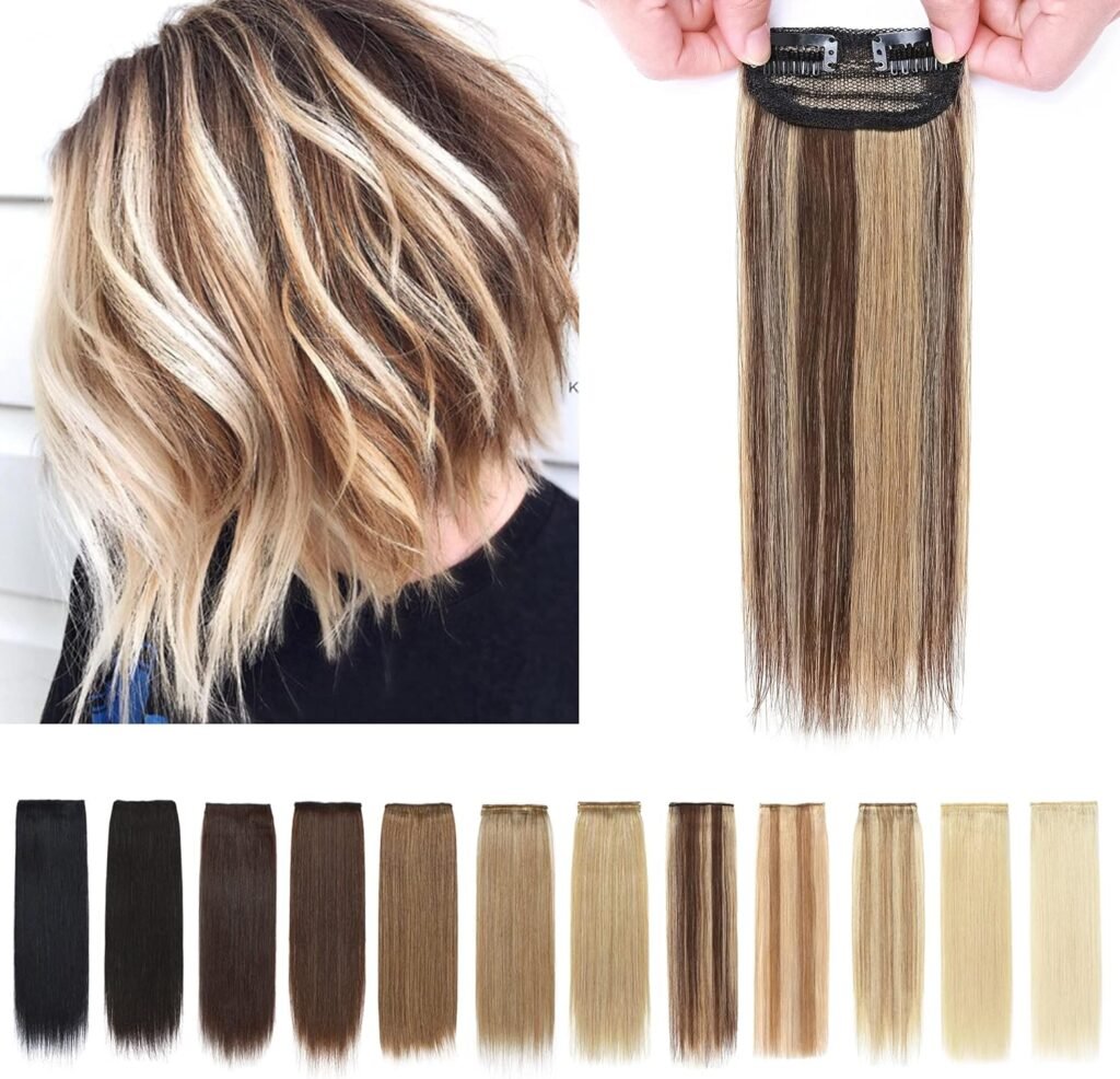 SEGO 2 Pcs Short Hair Extensions Clip in Human Hair 6 Inch 20g Hairpiece Human Hair Toppers for Women With Thinning Hair Adding Hair Volume -Medium BrownDark Blonde