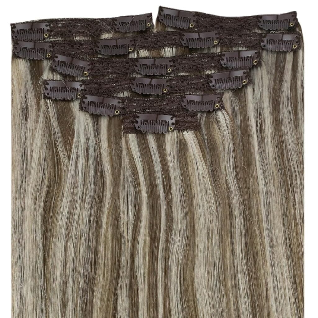 Sunny Clip in Hair Extensions Blonde Clip in Extensions Real Human Hair Blonde Hair Clip Extensions Invisible Clip in Extensions Light Blonde Highlights Golden Blonde Hair Extensions 120g 7pcs 18inch